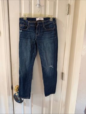 Hollister Women's Cropped Distressed Denim Jeans - Dark Blue Wash